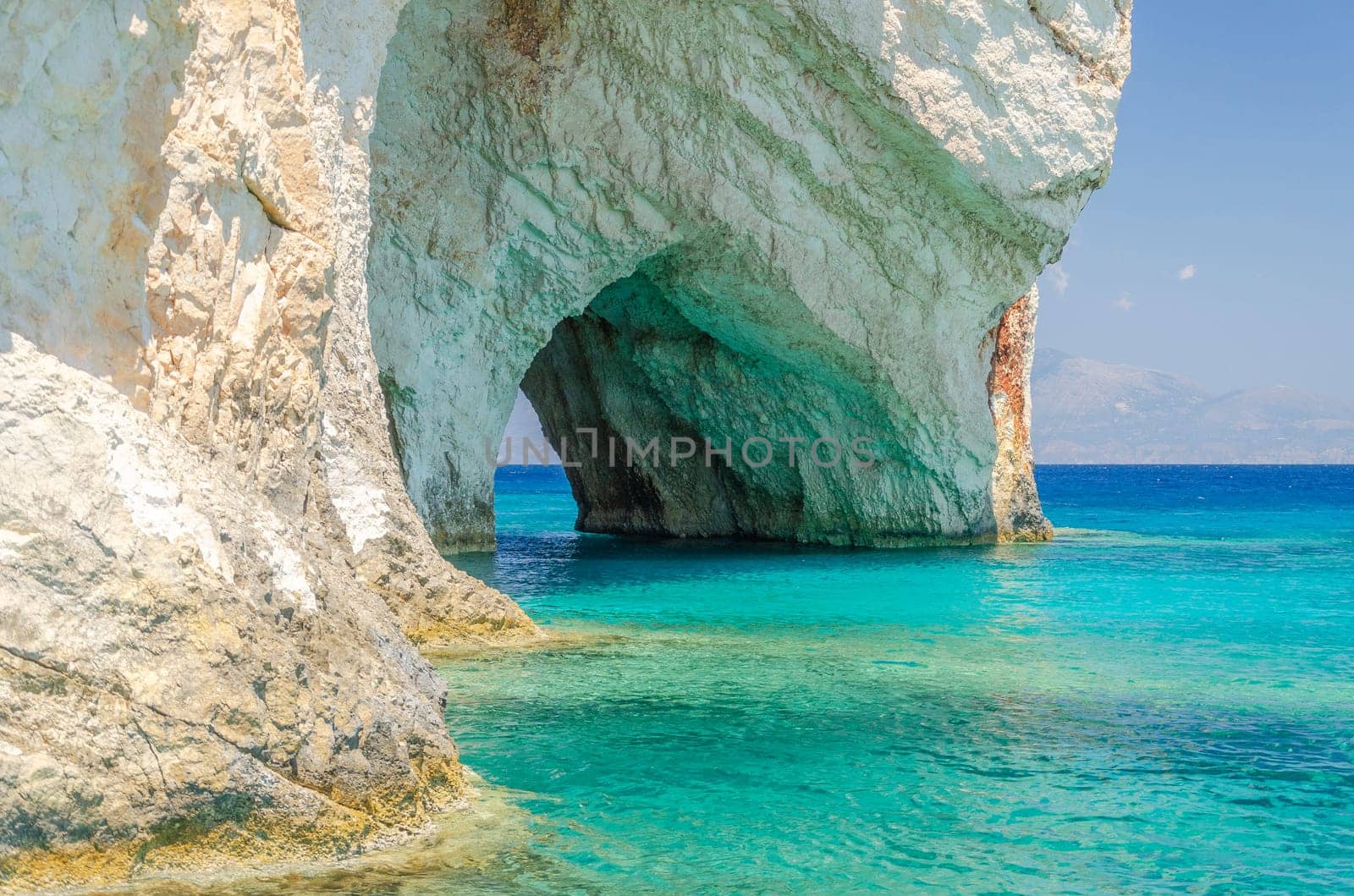 Gorgeous azure waters of blue caves on north east coast of Zakynthos island, Greece