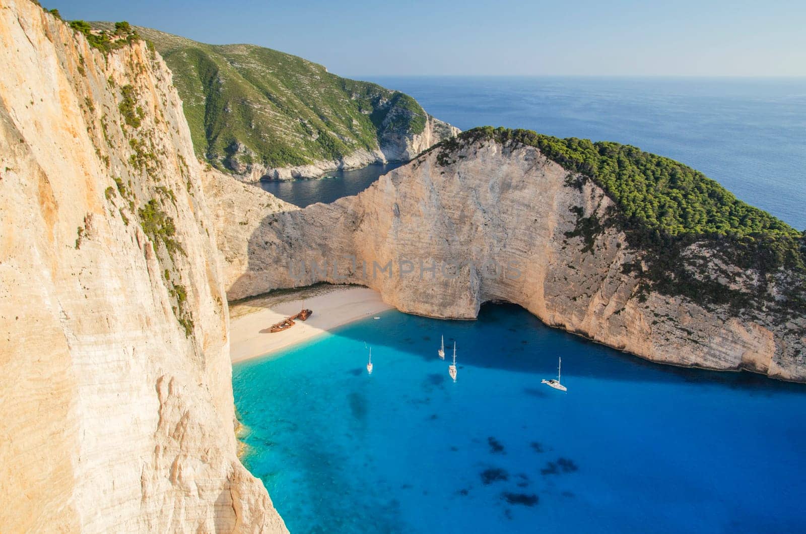 Picturesque Navagio beach with famous shipwreck on north west coast of Zakynthos island, Greece
