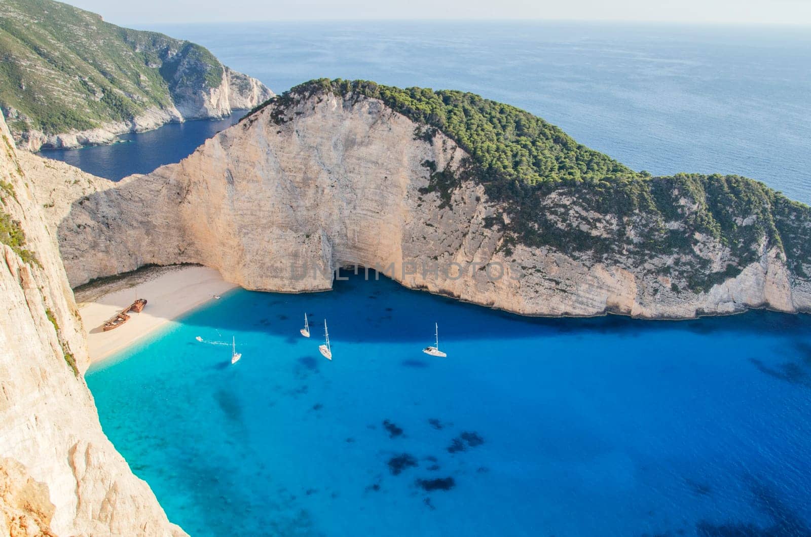 Picturesque Navagio beach with famous shipwreck on north west coast of Zakynthos island, Greece