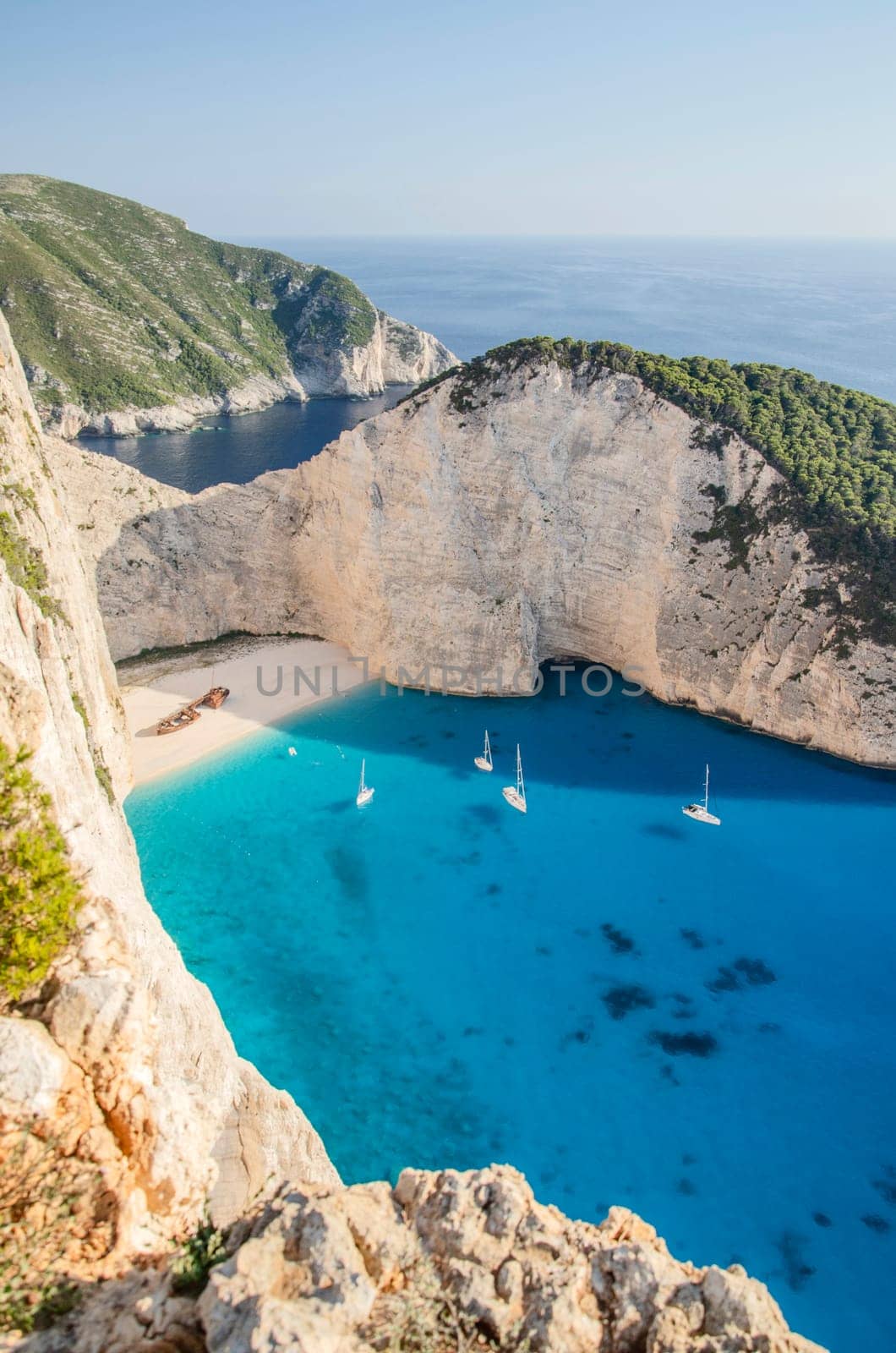 Picturesque Navagio beach with famous shipwreck on north west coast of Zakynthos island, Greece