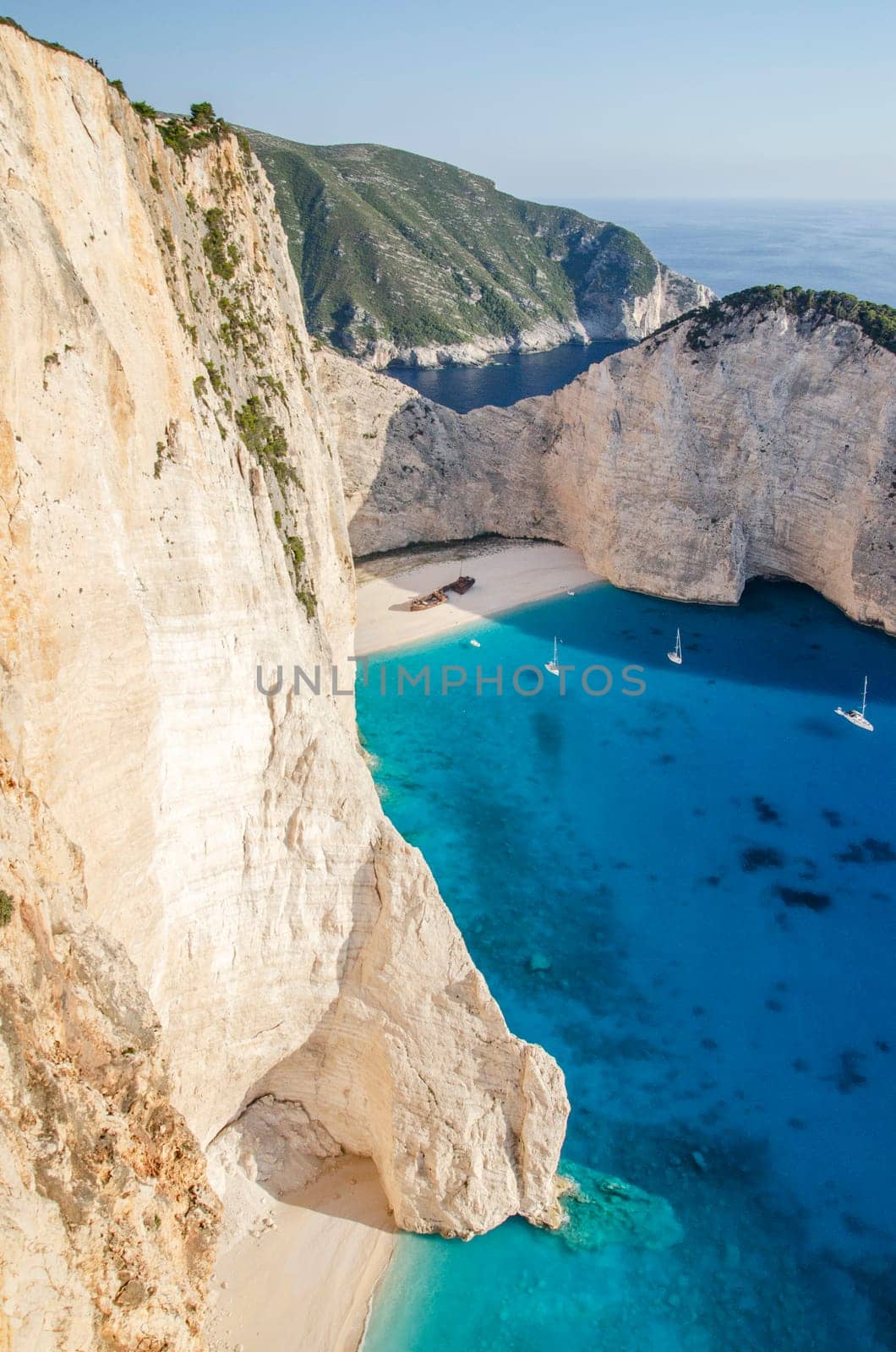 Picturesque Navagio beach with famous shipwreck on north west coast of Zakynthos island, Greece