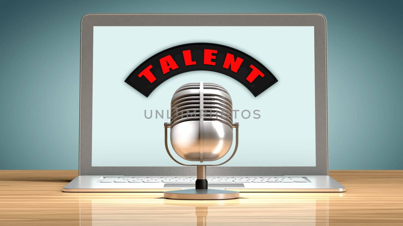 Laptop in front of a vintage microphone. Metaphor on talent recruitment through the internet.
