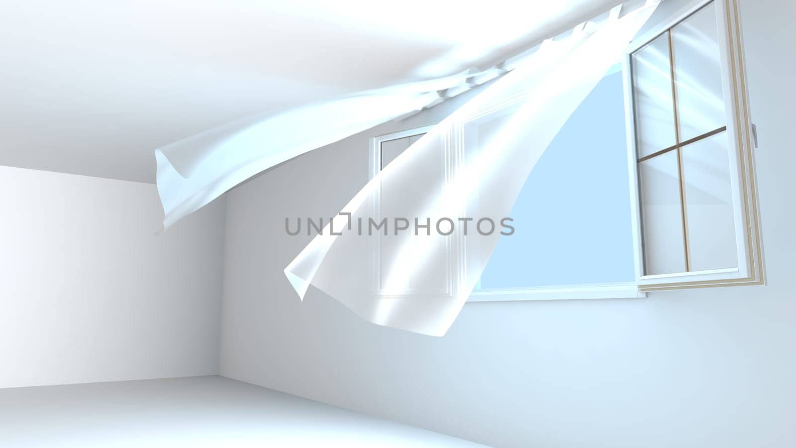 Opened windows, the pure air enters the room. Wind raises curtains . 3D Rendering
