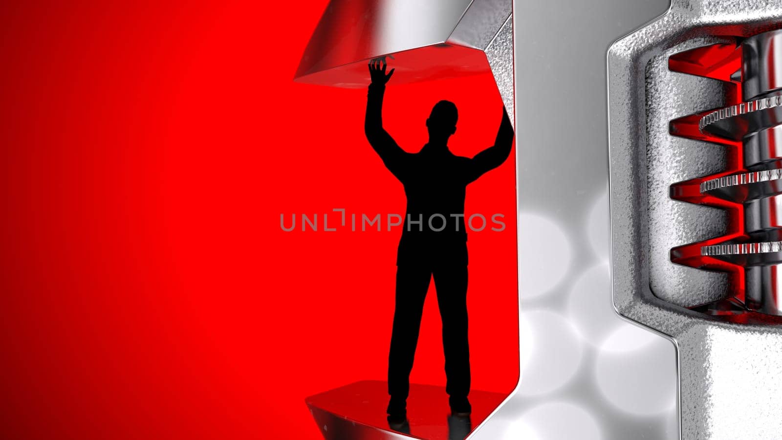Adjustable wrench tool crushing a man. Metaphor of a man crushed by the amount of work. 3D Rendering
