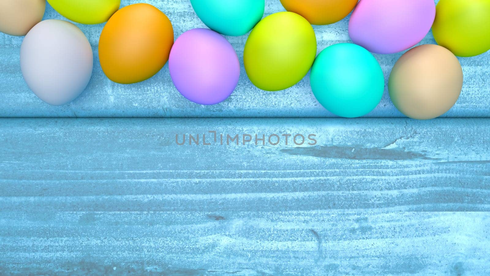 Top view of Easter eggs on a wooden table. 3D Rendering