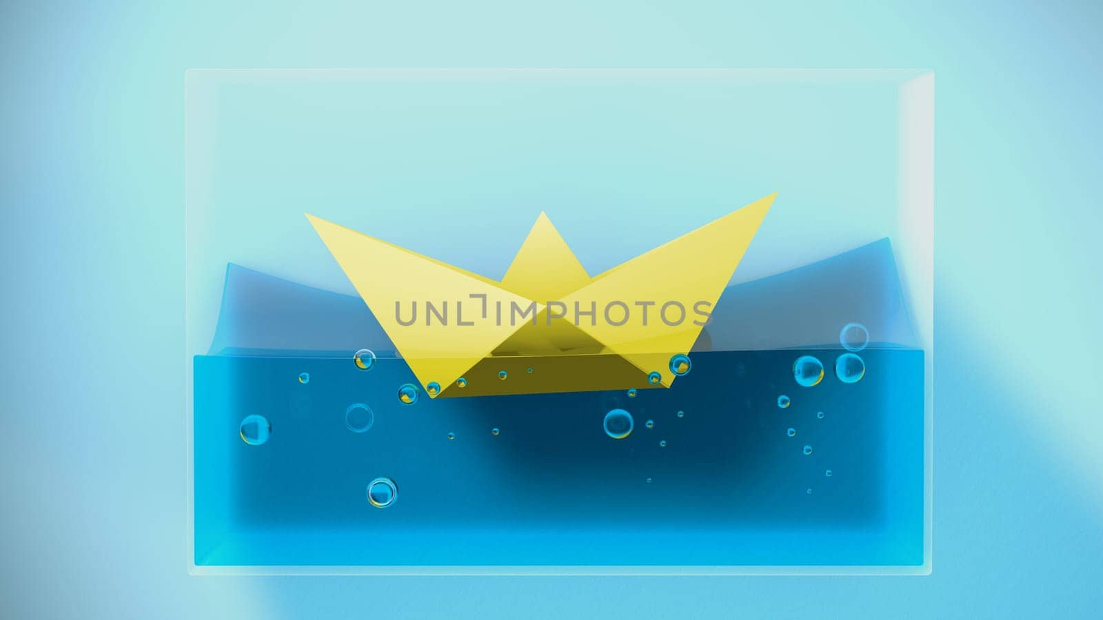 Paper folded boat sailing. 3D Rendering. Concept illustration.