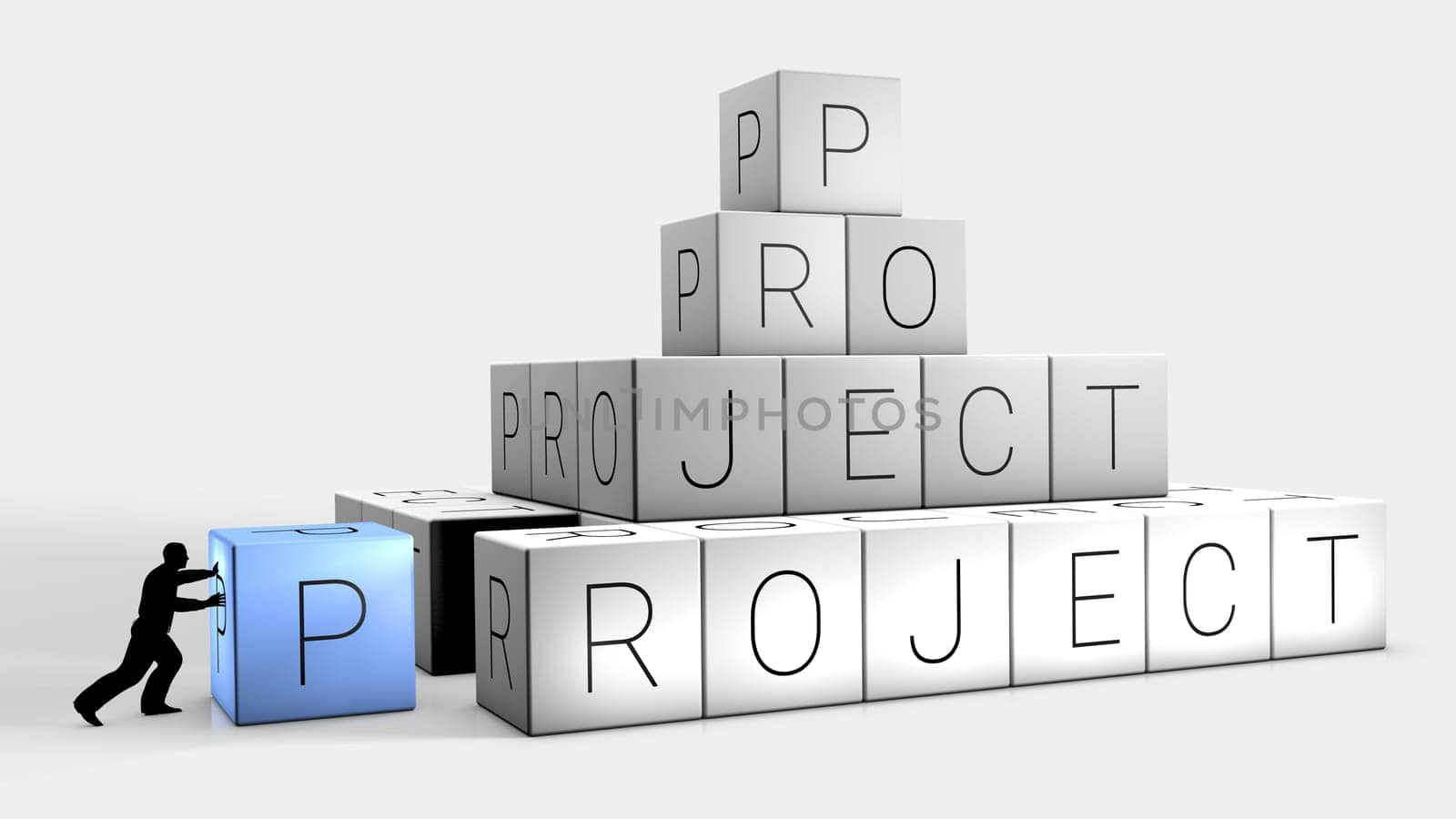 A man is pushing a brick to form the word PROJECT. Metaphor on project creation. 3D Rendering