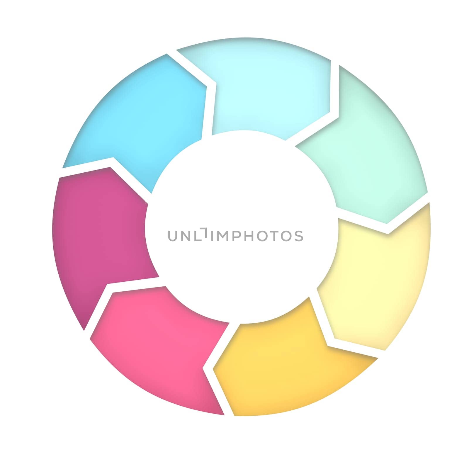 7 steps diagram for presentation background. Seven arrows for cyclic diagram. 3D Rendering