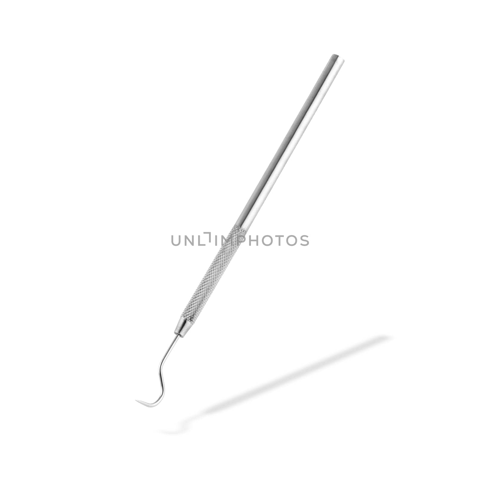 A dentist's sickle probe dental explorer on white with drop shadow with clipping path.