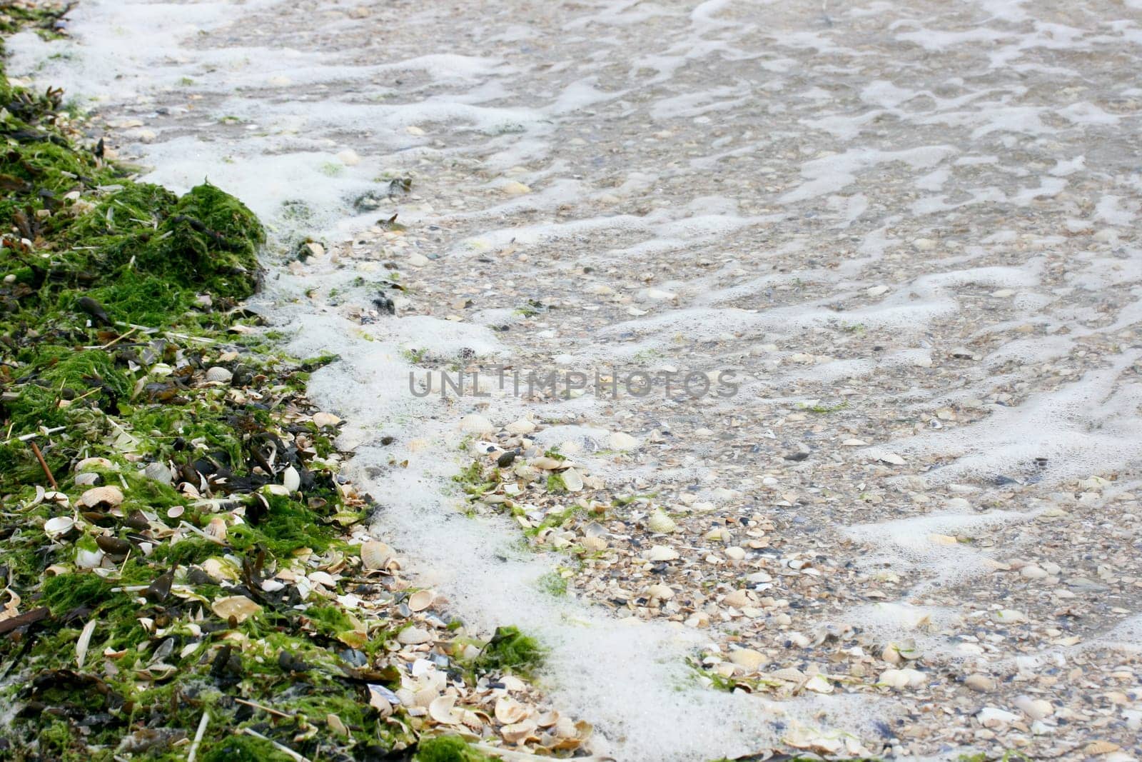Waves with white crests inundate the sandy beach