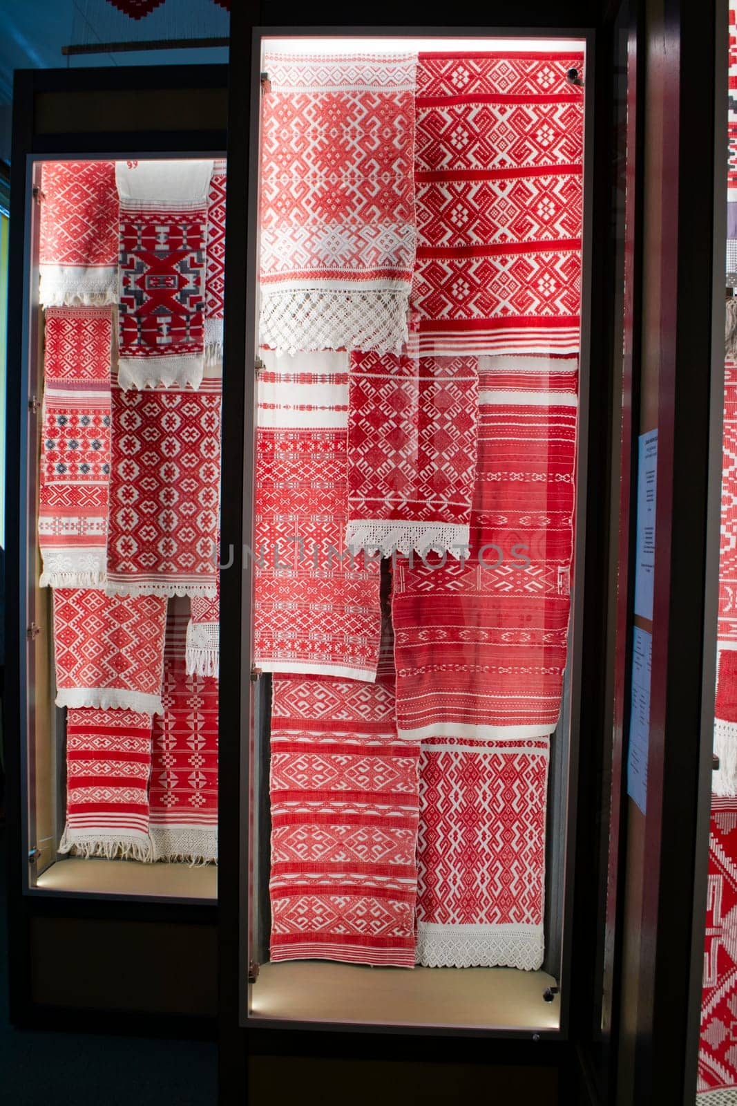 texture of towels embroidered with the national red and white at the fair of folk crafts, collection, Belarus