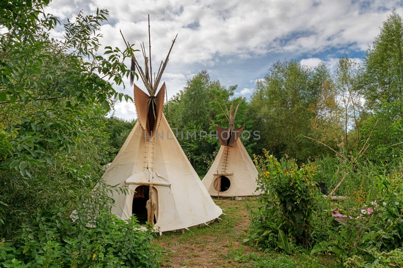Two Indian tipis stand in a meadow between trees and bushes in the sunshine
