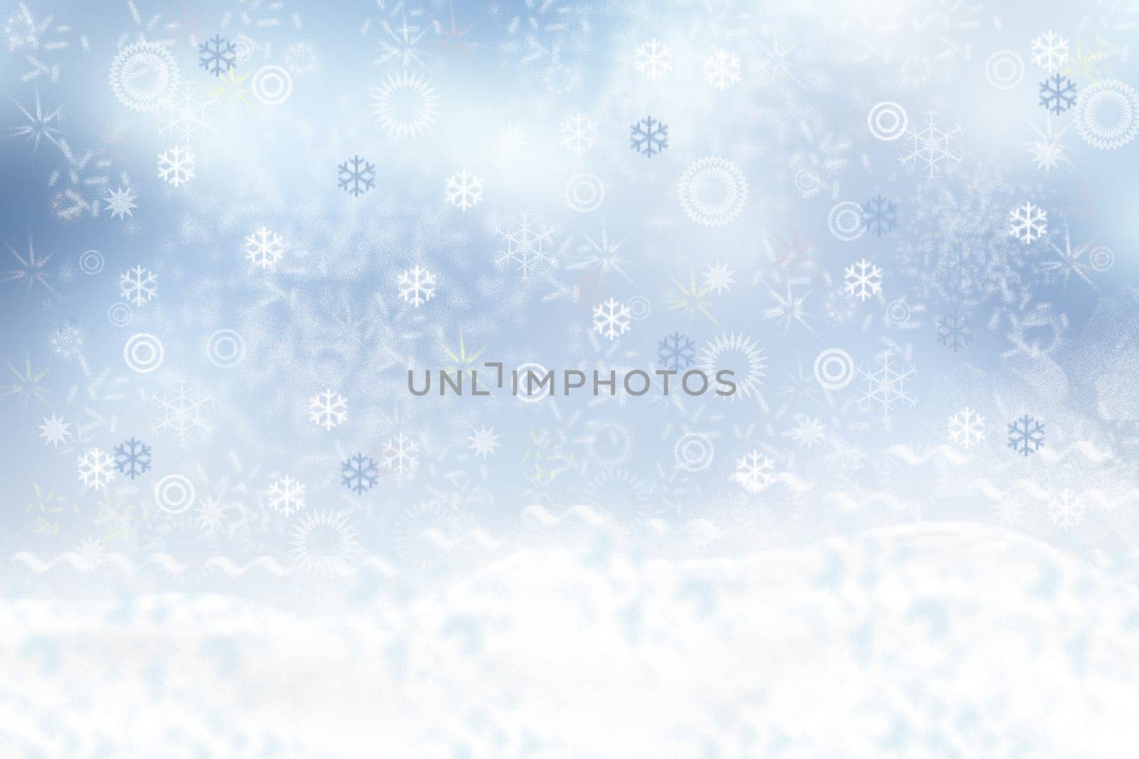 Christmas card template. Abstract festive natural light blue white winter christmas landscape background texture with blue sky and bokeh lighted snowflakes and stars. Beautiful card design.