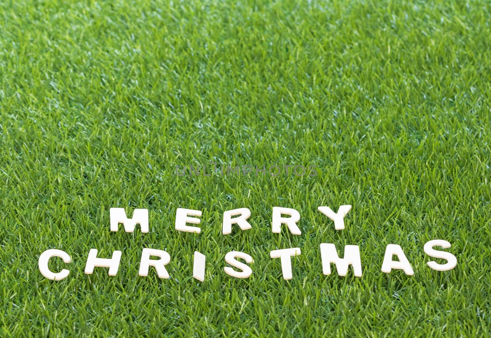 Celebration of New year and Christmas, Top view Christmas alphabet wood on green grass background