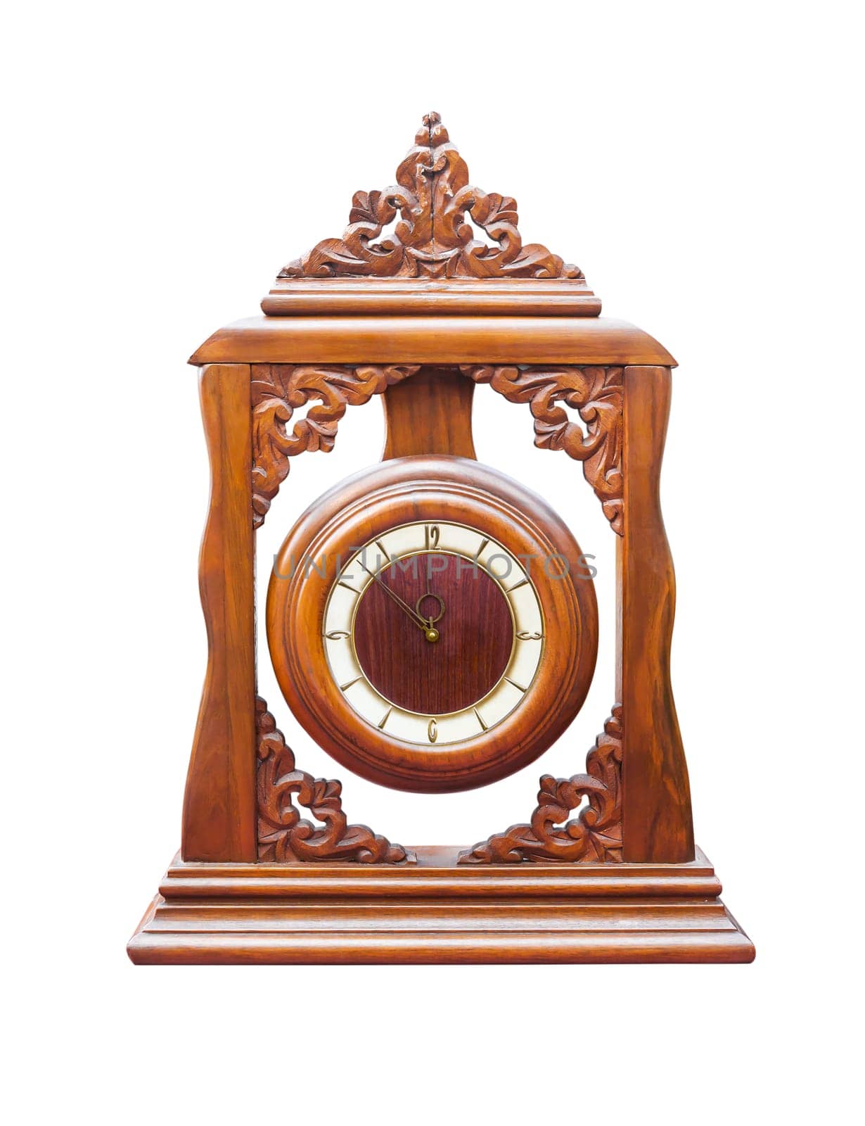 Vintage clock made ​​of wood isolated on white
