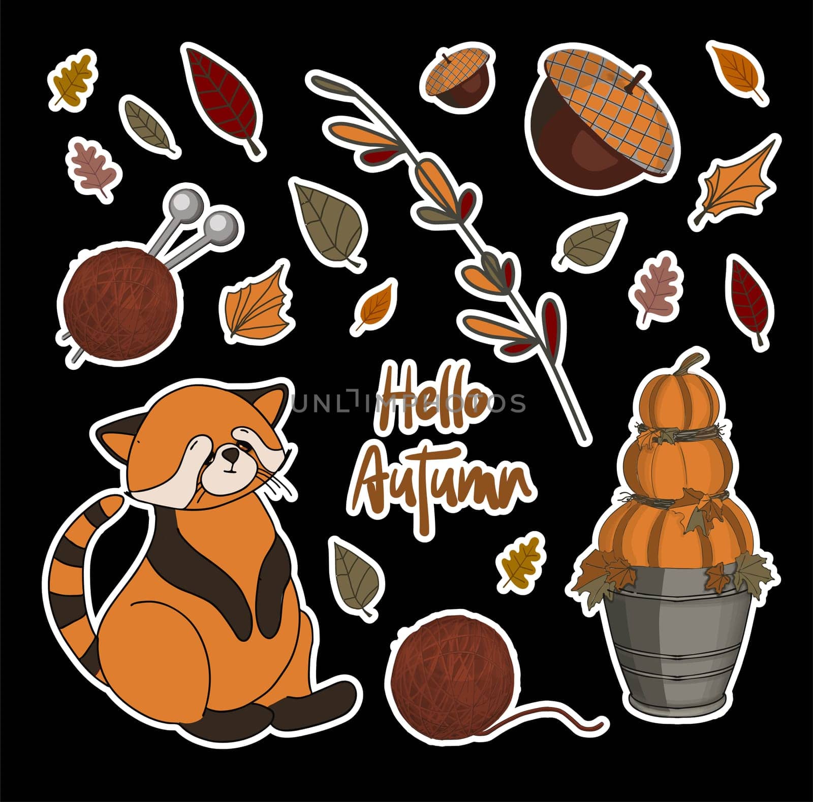Vector autumn set of stickers. PUMPKINS AND BRANCHES. Autumn leaves. Children's print for textiles and clothing. Product design.