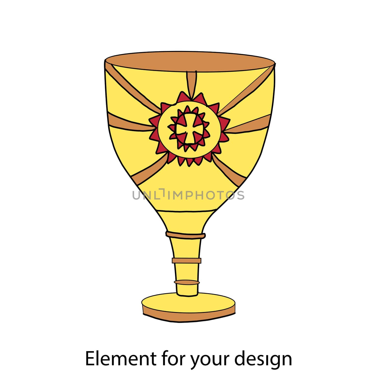 Gold goblet for wine. The glass is metallic yellow. Vector emblem
