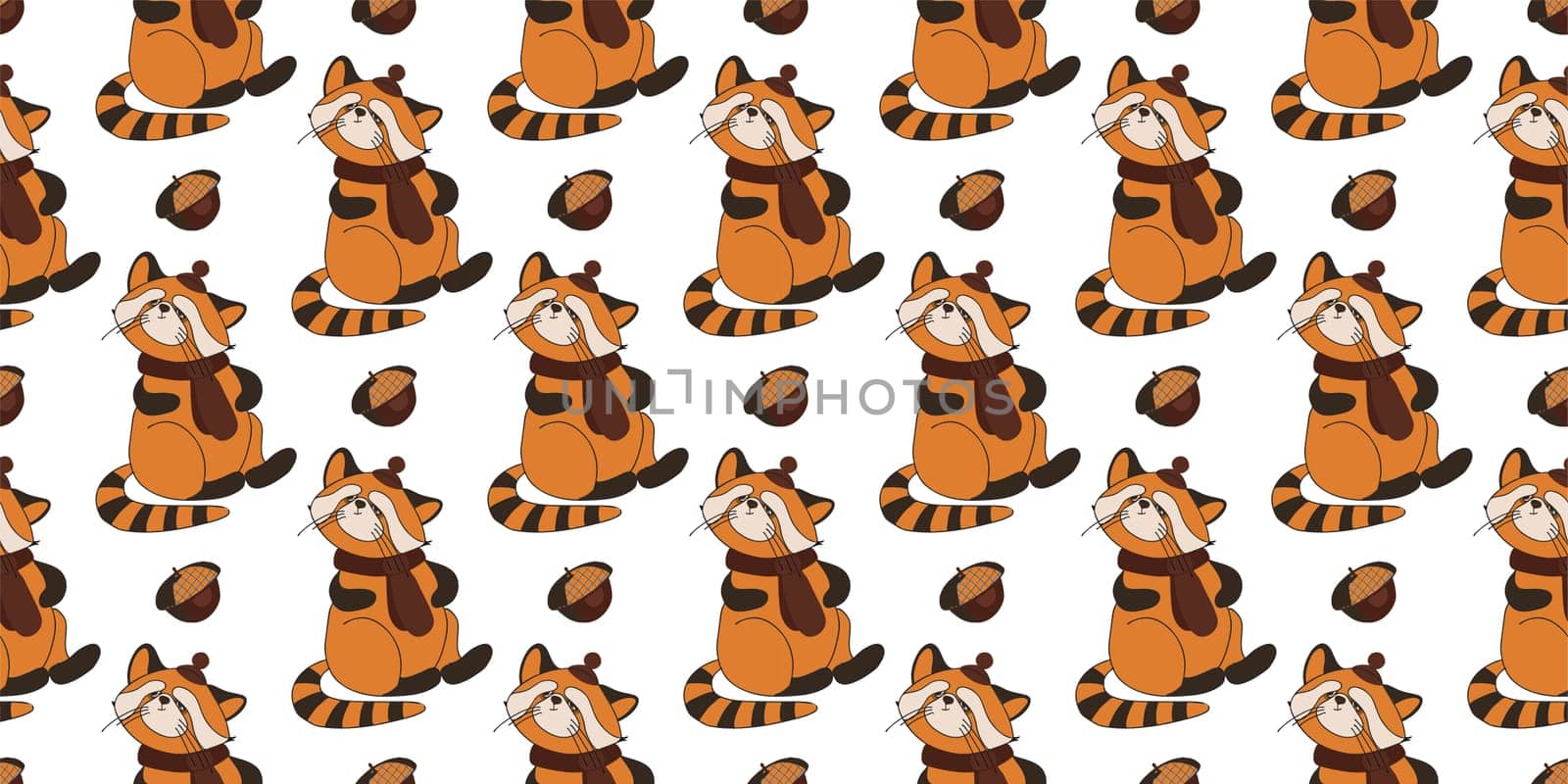 CUTE SEAMLESS AUTUMN PATTERN. AUTUMN ANIMALS. Hello, Autumn. CHILDREN'S ROOM AND TEXTILE DESIGN. RED PANDA ON A WHITE BACKGROUND.