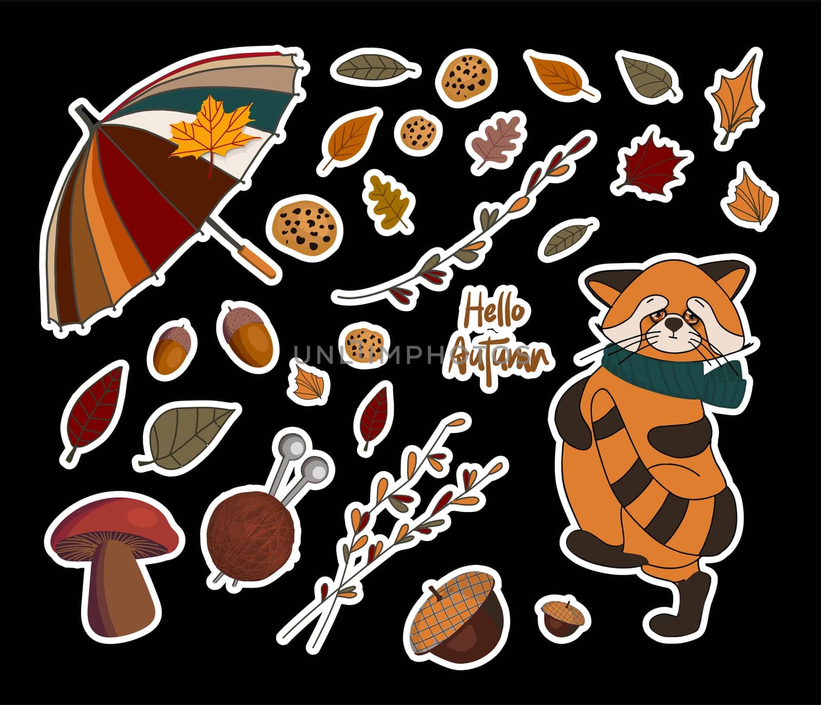 Vector autumn stickers. PUMPKINS AND BRANCHES. Autumn leaves. Children's print for textiles and clothing. Product design.