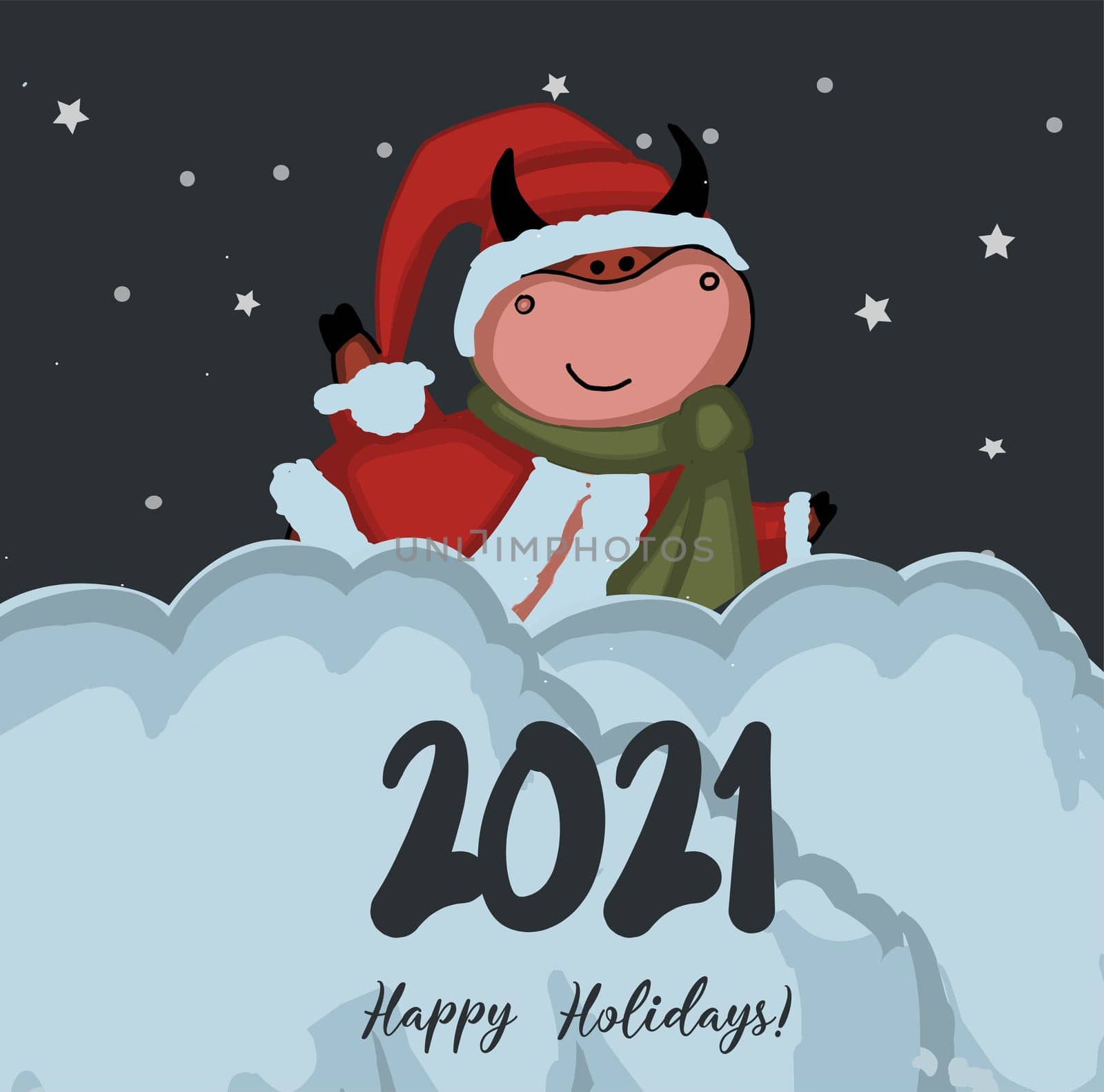 Christmas card 2021. Winter landscape. Vector illustration. new year poster. Year of the ox or bull. Bull character