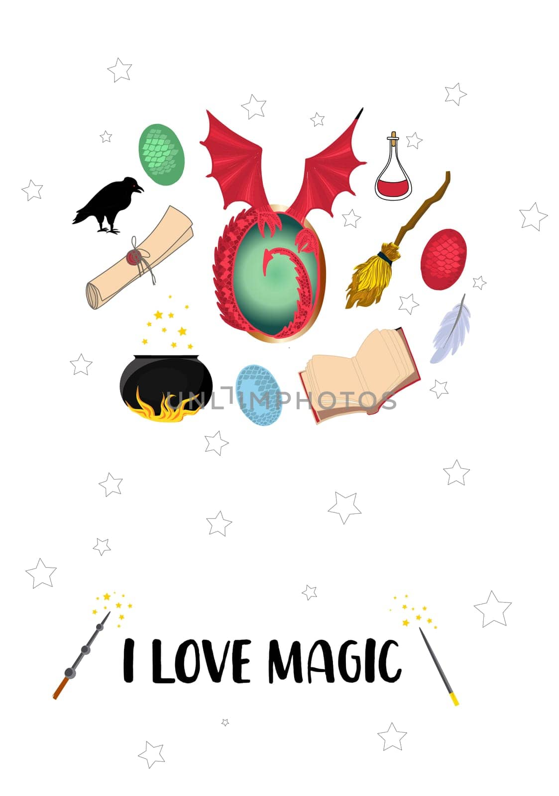 I love magic. Postcard with magic items. MYSTERY AND MAGIC.