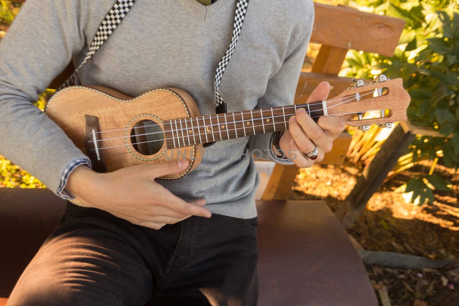 Young man sitting on bench in the park and playing ukulele.