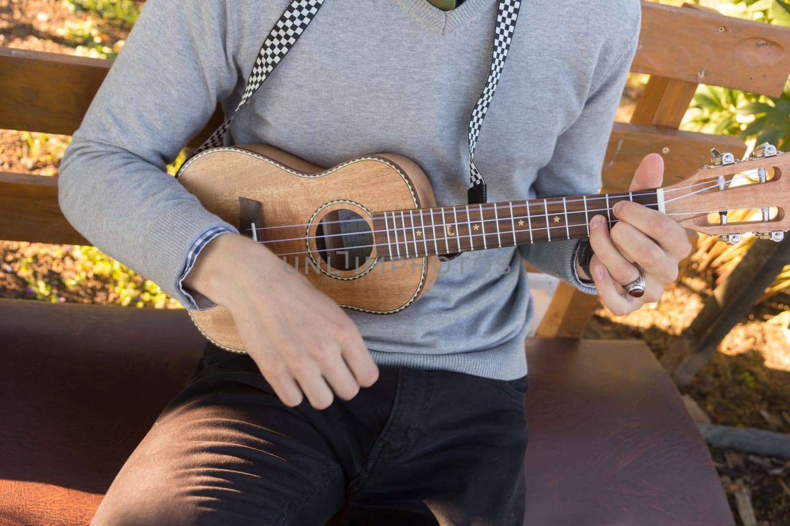 Young man sitting on bench in the park and playing ukulele.