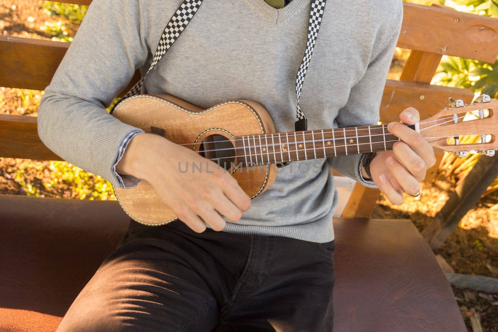 Young man sitting on bench in the park and playing ukulele.