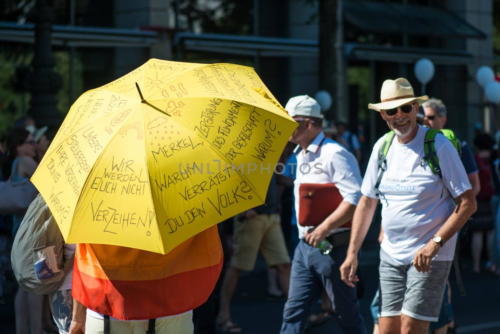 Demonstration in Berlin, Germany on the 1.8.2020, protest against corona regulations, street 17. June, Brandenburg Gate