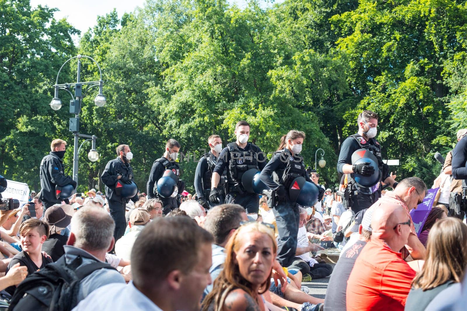 Demonstration in Berlin, Germany on the 1.8.2020, protest against corona regulations, street 17. June, Brandenburg Gate