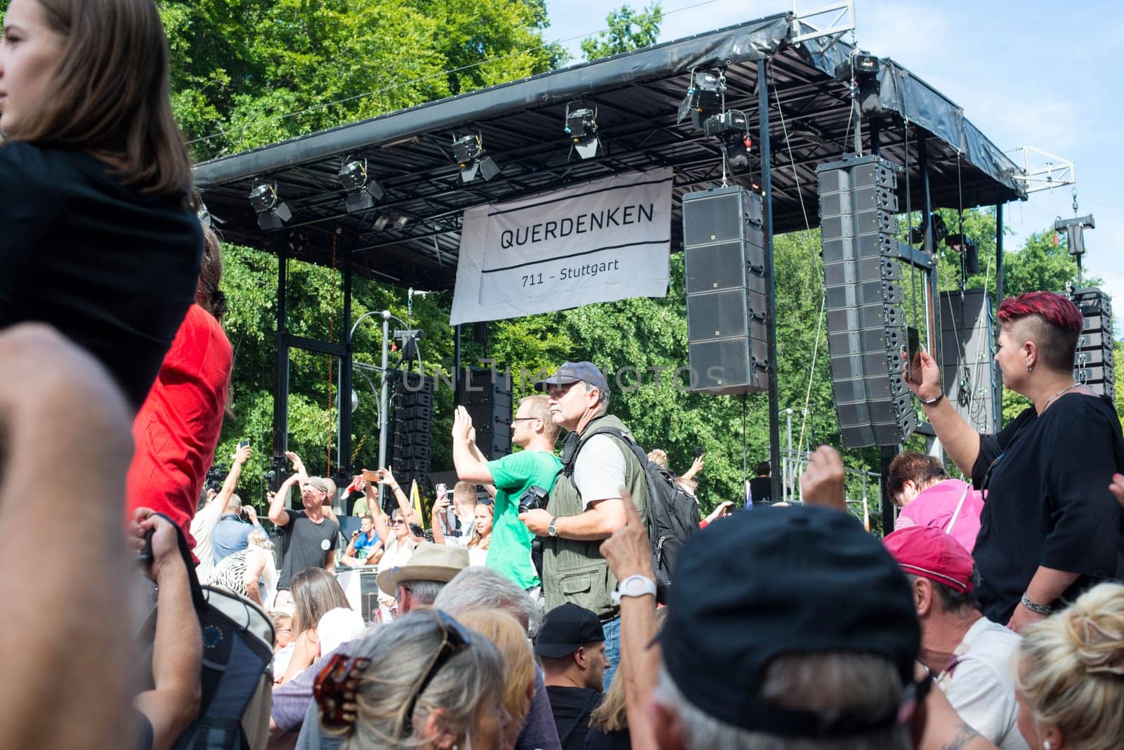 Demonstration in Berlin, Germany on the 1.8.2020, protest against corona regulations, street 17. June, Brandenburg Gate