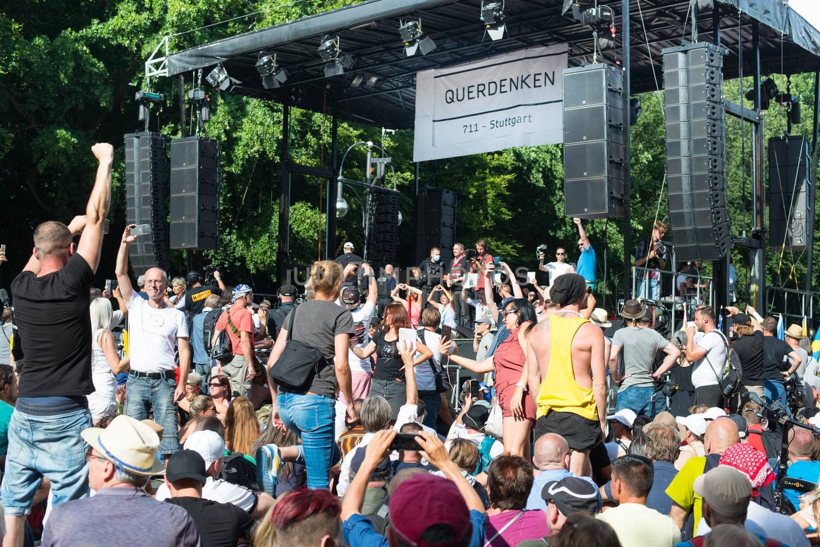 Demonstration in Berlin, Germany on the 1.8.2020, protest against corona regulations, street 17. June, Brandenburg Gate