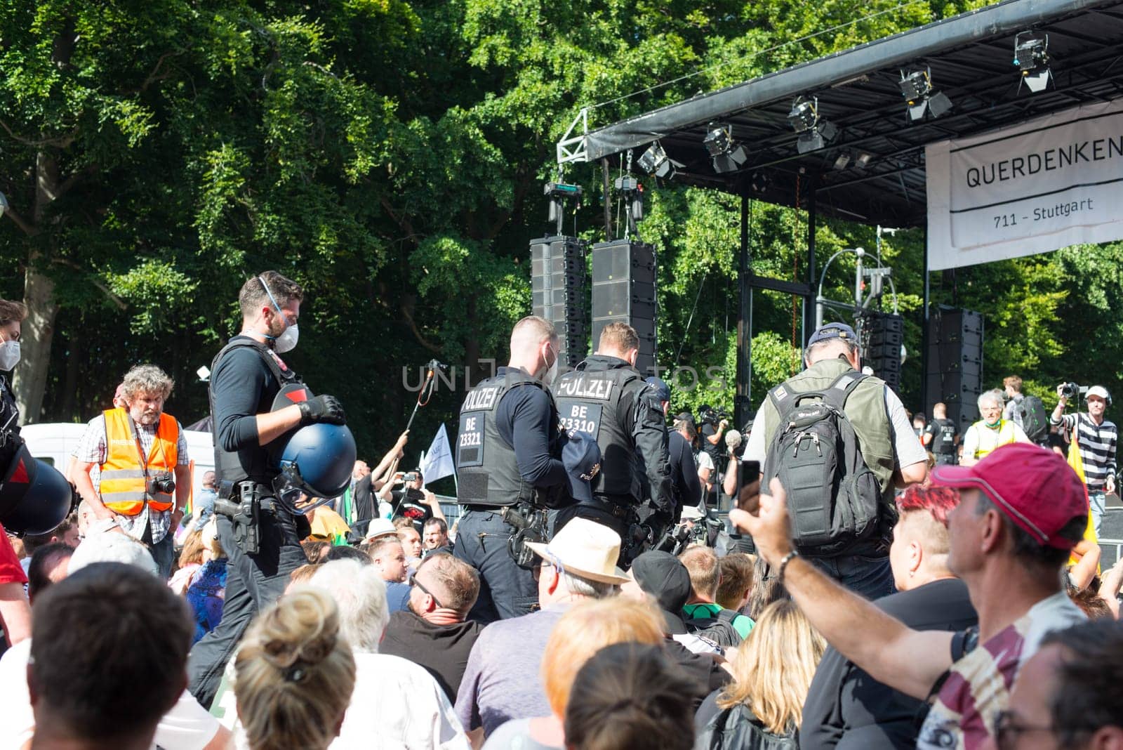 Demonstration in Berlin, Germany on the 1.8.2020, protest against corona regulations, street 17. June, Brandenburg Gate