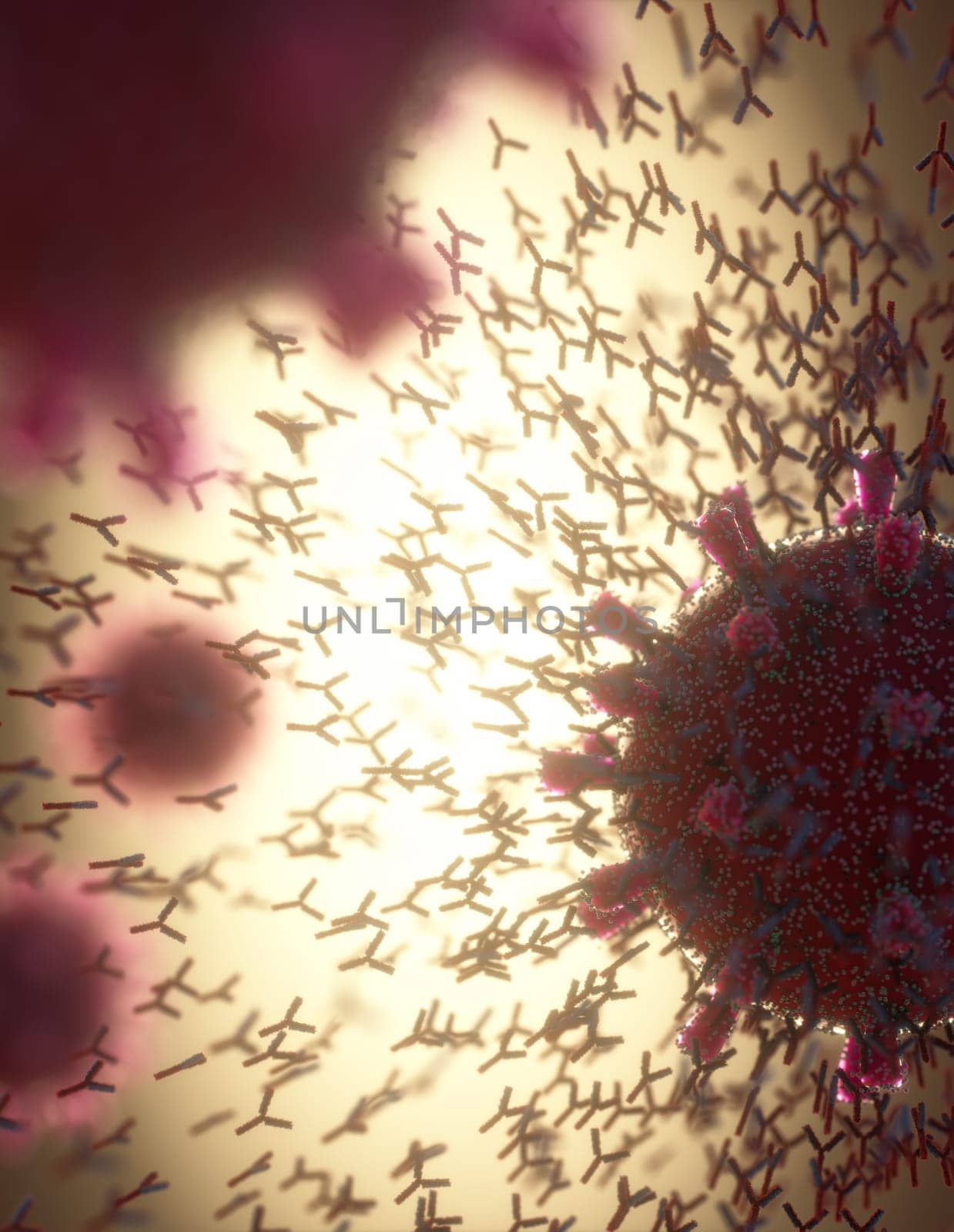 Immunological system, antibodies attacking the virus covid-19. 3D illustration, concept of the body's defense system. Y-shaped antibody attacking the coronavirus.