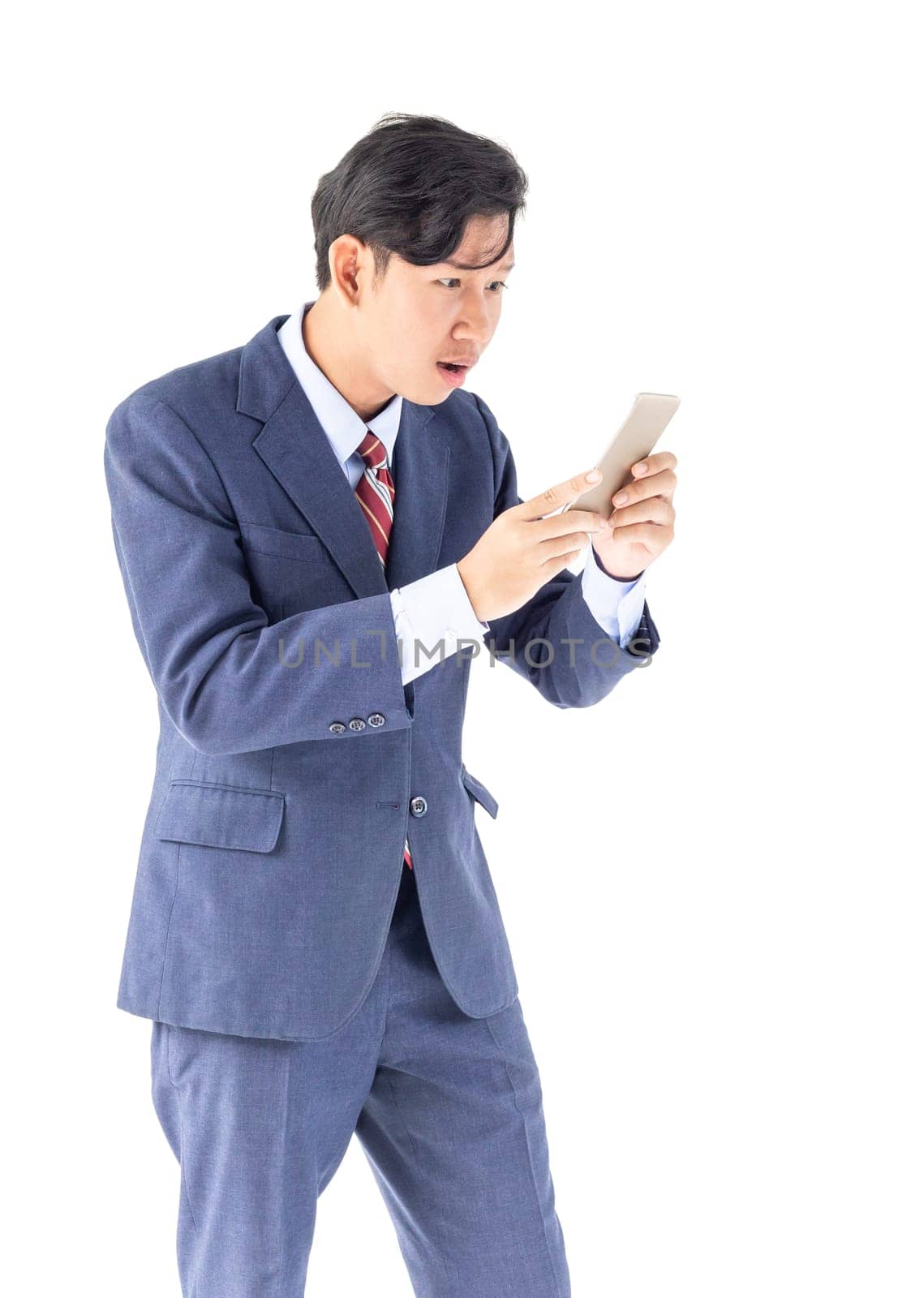 Young asian business men portrait holding phone in suit over white background