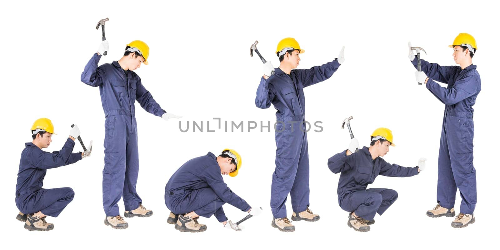 Set of Young handyman in uniform standing with his hammer Cutout isolated on white background