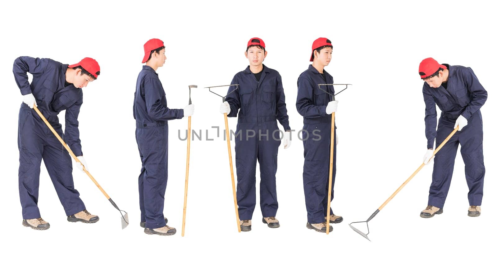 Set of Young gardener in uniform with garden tools Cut out isolated on white background