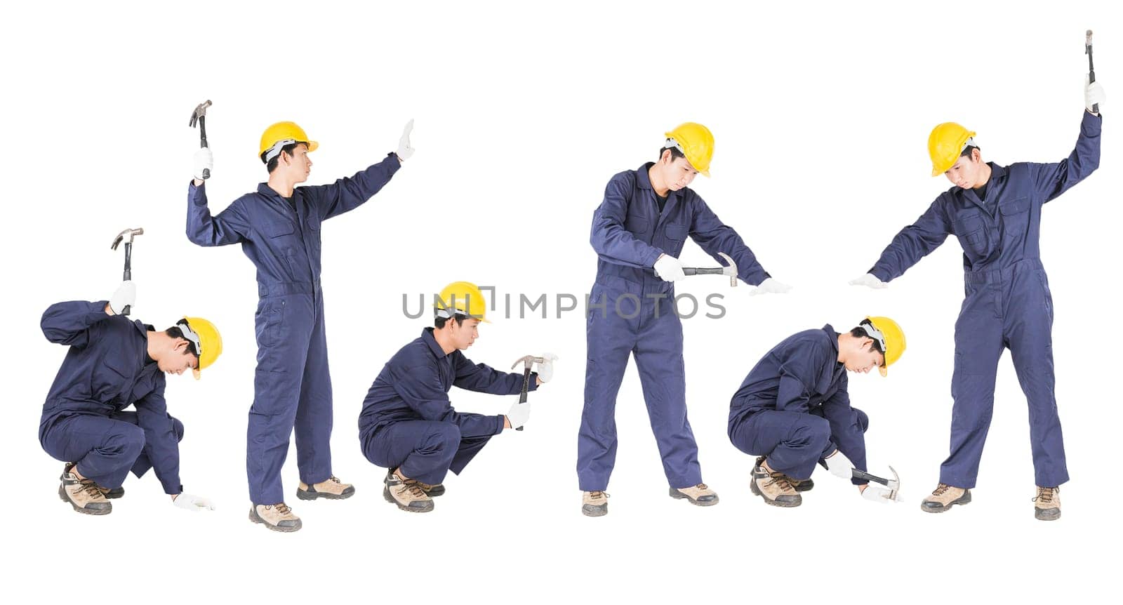Set of Young handyman in uniform standing with his hammer Cutout isolated on white background