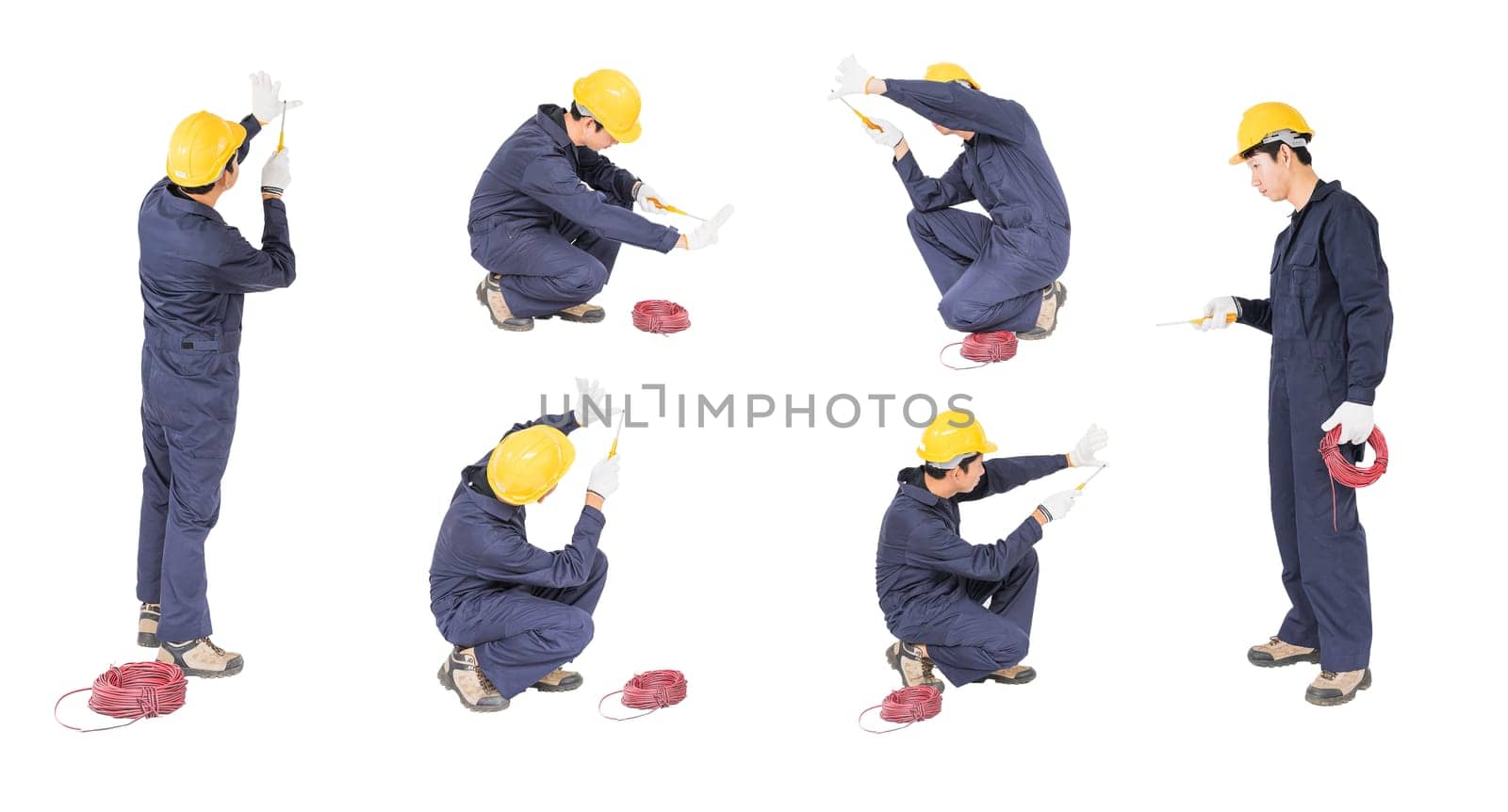 Set of Electrician in unifrom with bunch of wires , isolated on white background cutout
