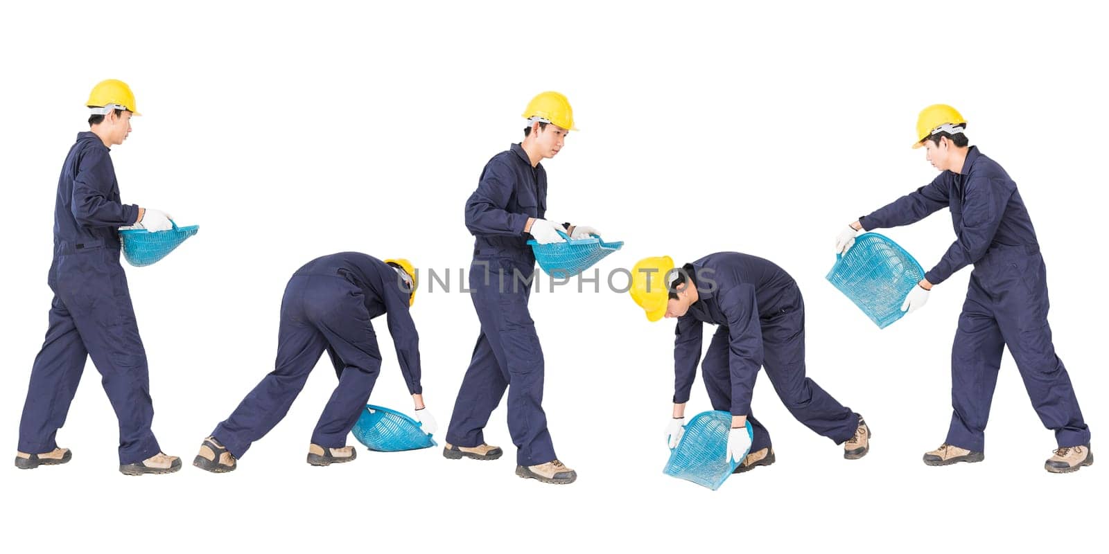 Set Young worker hold Hod or clam-shell shaped basket isolate on white background