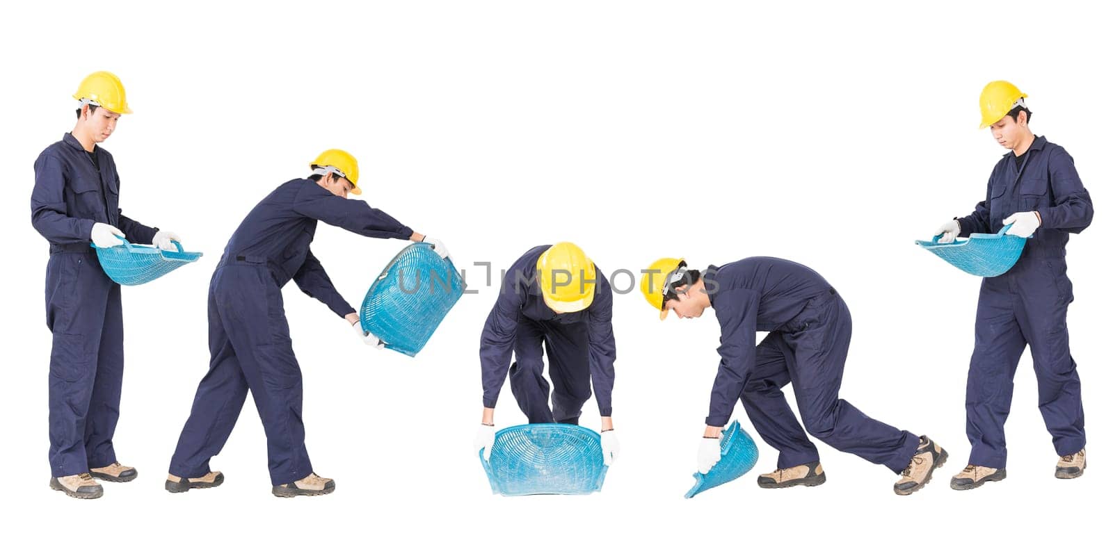 Set Young worker hold Hod or clam-shell shaped basket isolate on white background