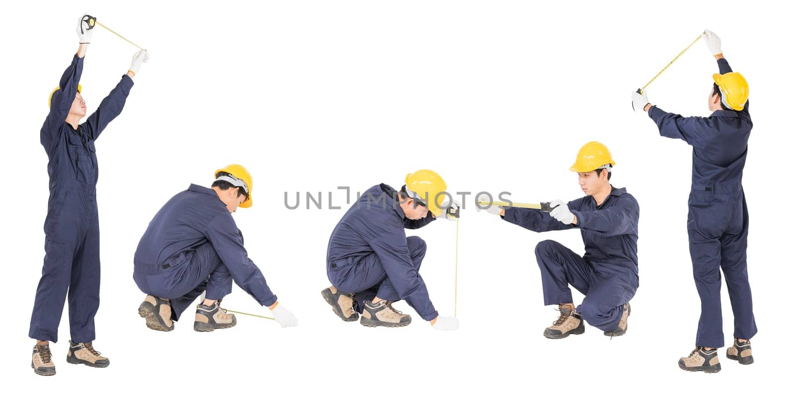 Young worker in unifrom with tape measure isolated on white background cutout