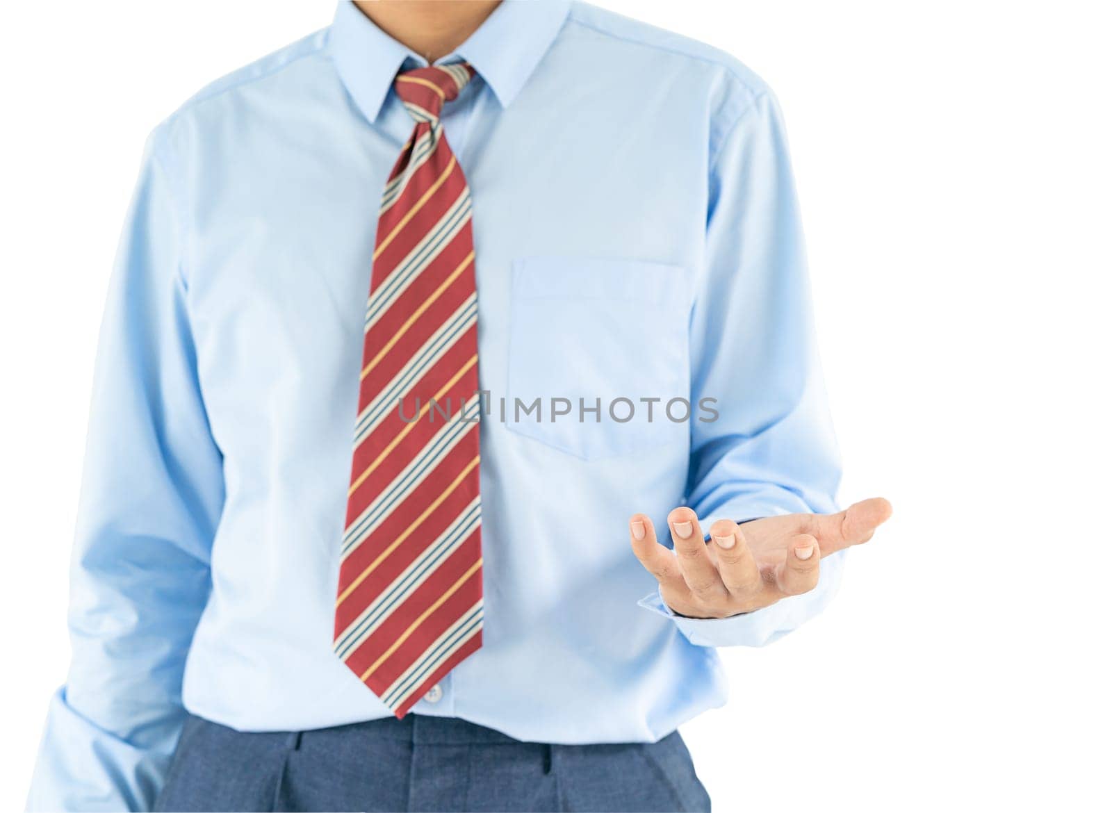 Close up, Male wearing blue shirt and red tie reaching hand out with clipping path