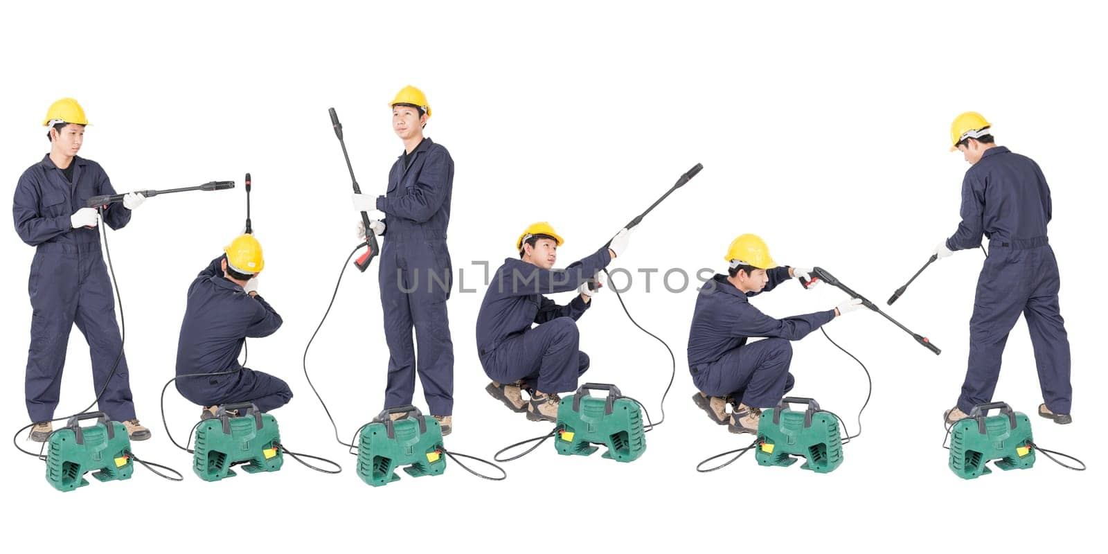 Set of Young man in uniform stand and holding high pressure water gun portable with hose, Cut out isolated on white background