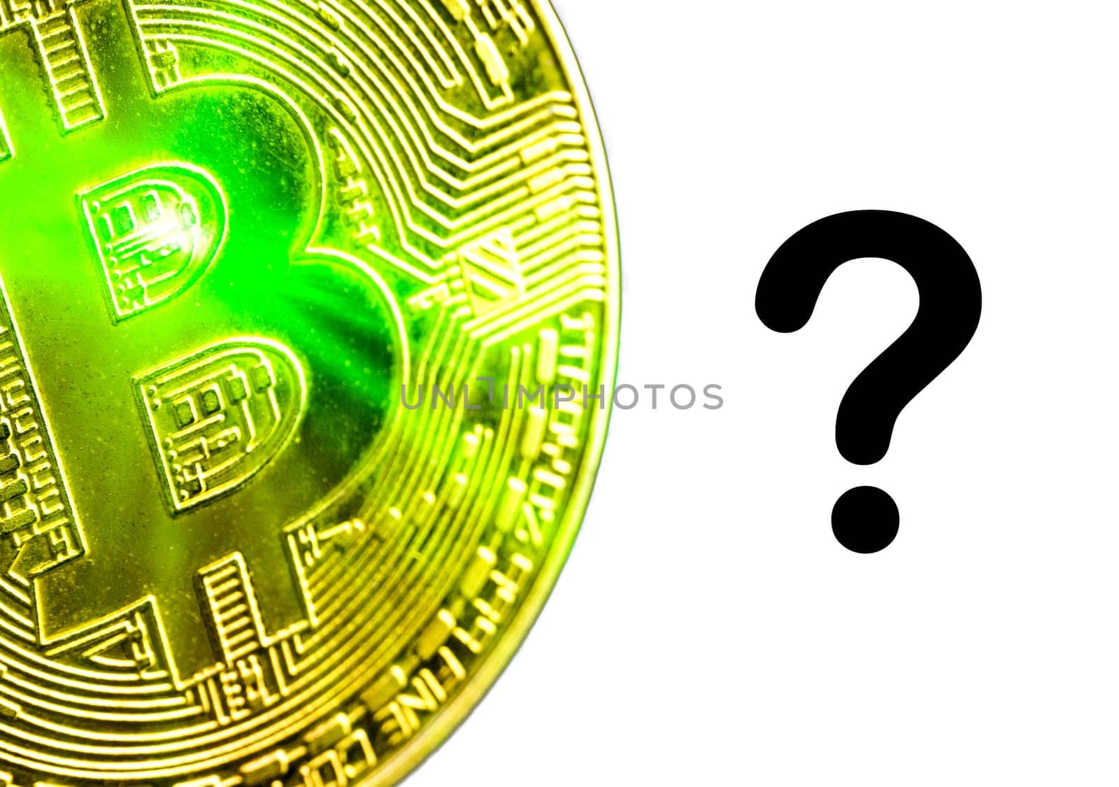 Question Mark or ? text and BITCOIN on white background. Cryptocurrency theft concept