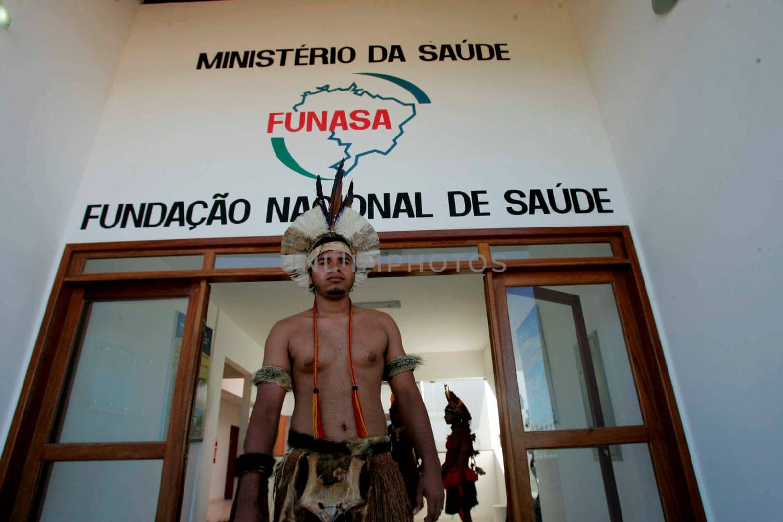 porto Seguro, bahia / brazil - february 4, 2011: indians of Pataxo ethnicity are seen during protest at the National Health Foundation in the city of Porto Seguro.