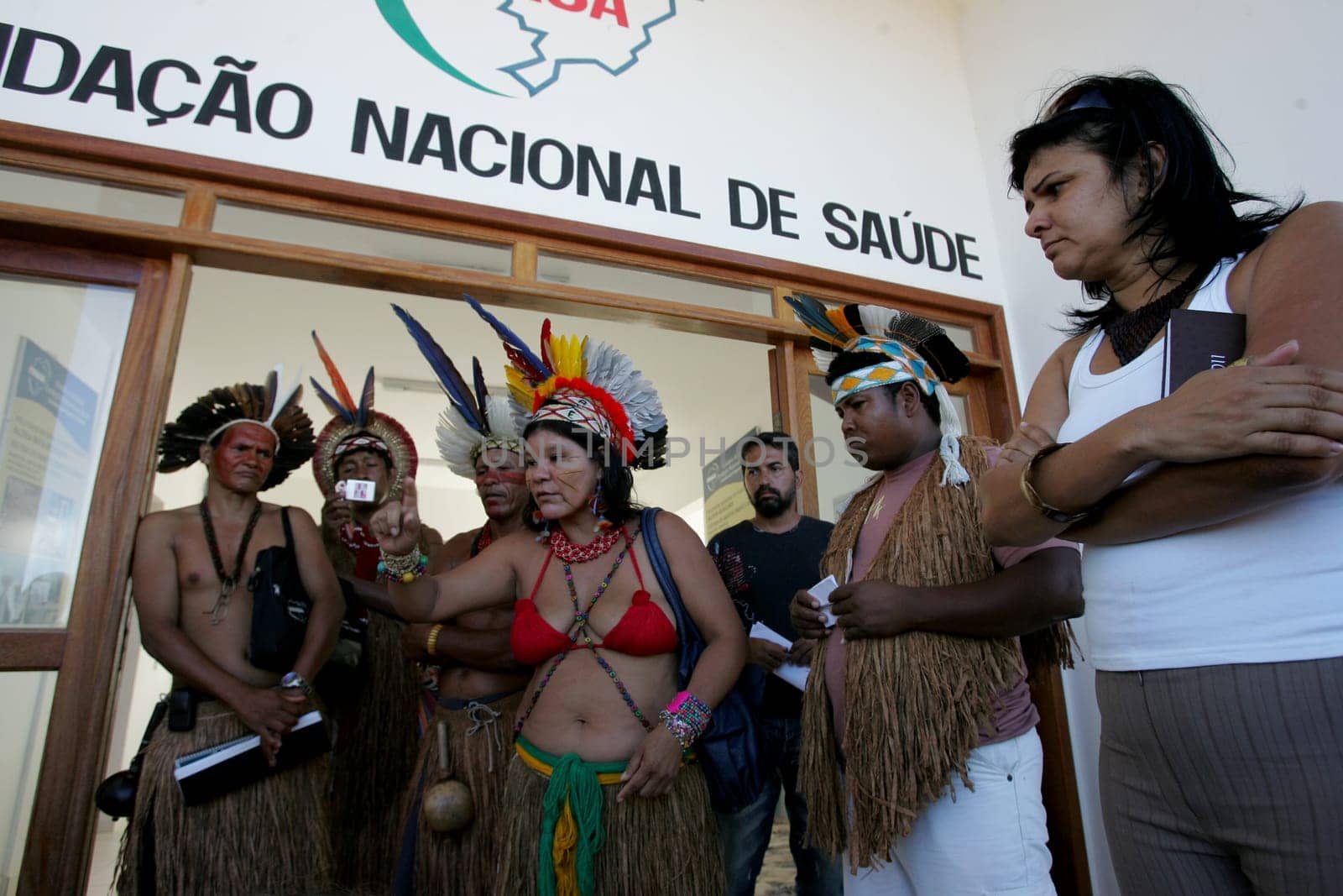 porto Seguro, bahia / brazil - february 4, 2011: indians of Pataxo ethnicity are seen during protest at the National Health Foundation in the city of Porto Seguro.