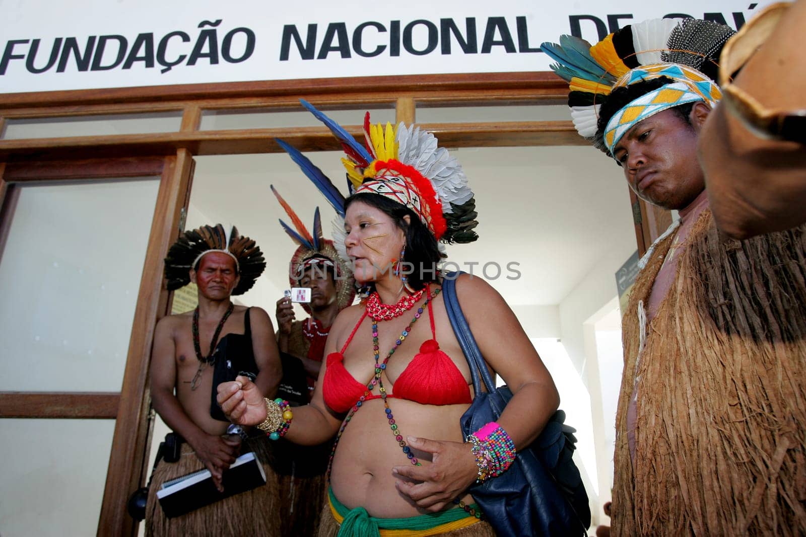 porto Seguro, bahia / brazil - february 4, 2011: indians of Pataxo ethnicity are seen during protest at the National Health Foundation in the city of Porto Seguro.