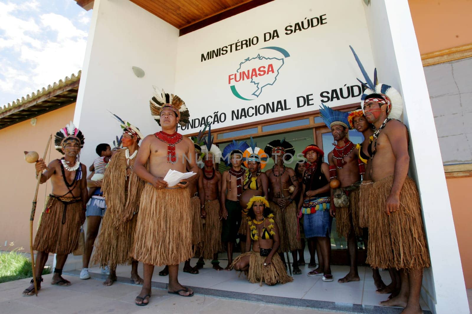 porto Seguro, bahia / brazil - february 4, 2011: indians of Pataxo ethnicity are seen during protest at the National Health Foundation in the city of Porto Seguro.