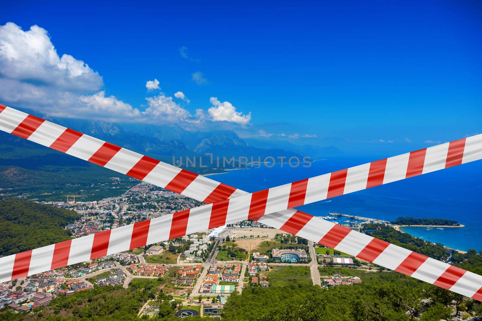 Protective tape on background mountain to the town of Kemer and the sea in Turkey.